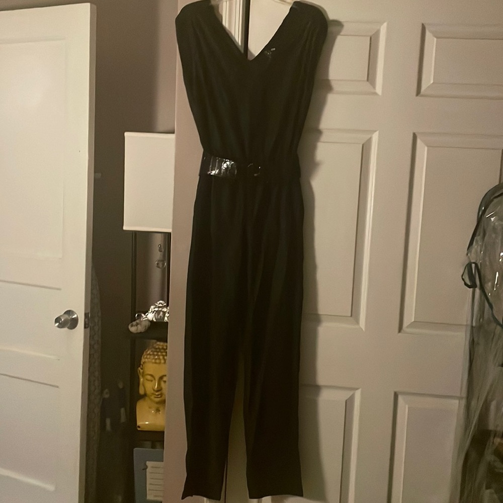 4/$20 Black sleeveless belted jumpsuit Poof Couture with pockets size large New